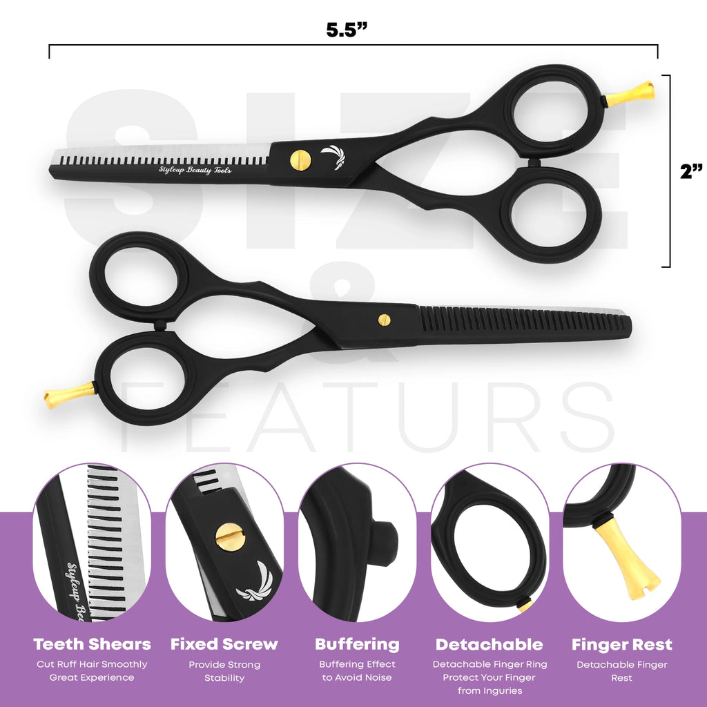 5.5 inch black hair thinning scissors showing size and features with finger rest by Styleup Beauty Tools