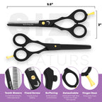 5.5 inch black hair thinning scissors showing size and features with finger rest by Styleup Beauty Tools
