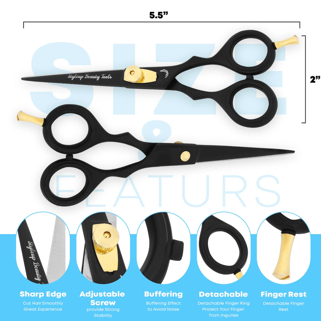 5.5 inch black and gold hairdressing scissors with adjustable screw and finger rest by Styleup Beauty Tools