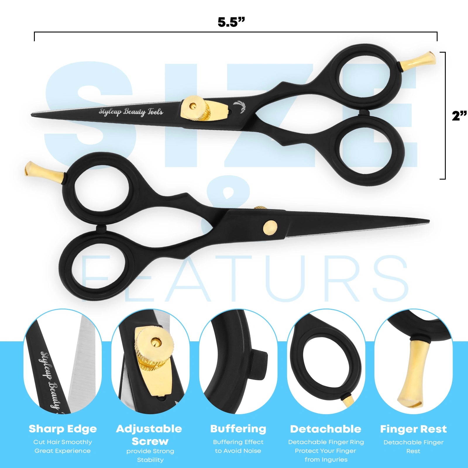 5.5 inch black and gold hairdressing scissors with adjustable screw and finger rest by Styleup Beauty Tools
