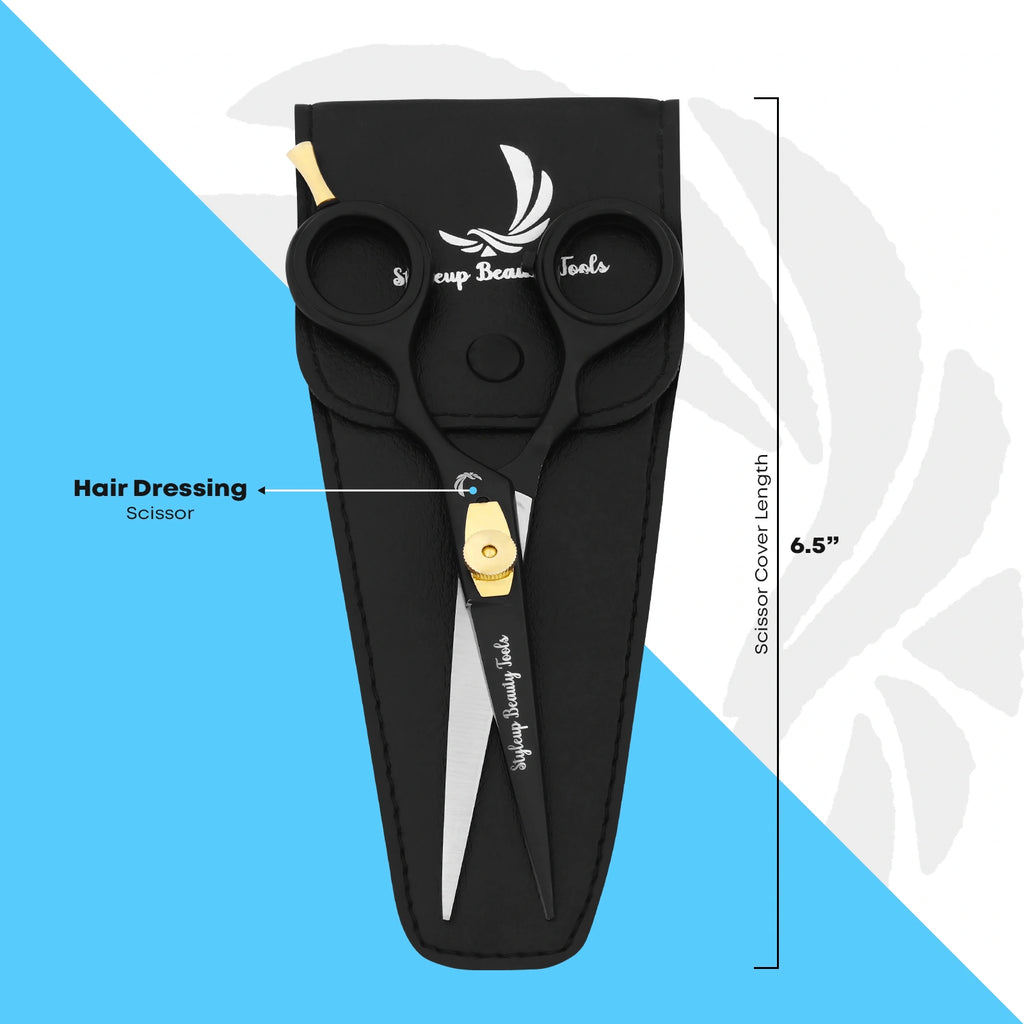6.5 inch black and gold hairdressing scissors with case for barbers and stylists by Styleup Beauty Tools