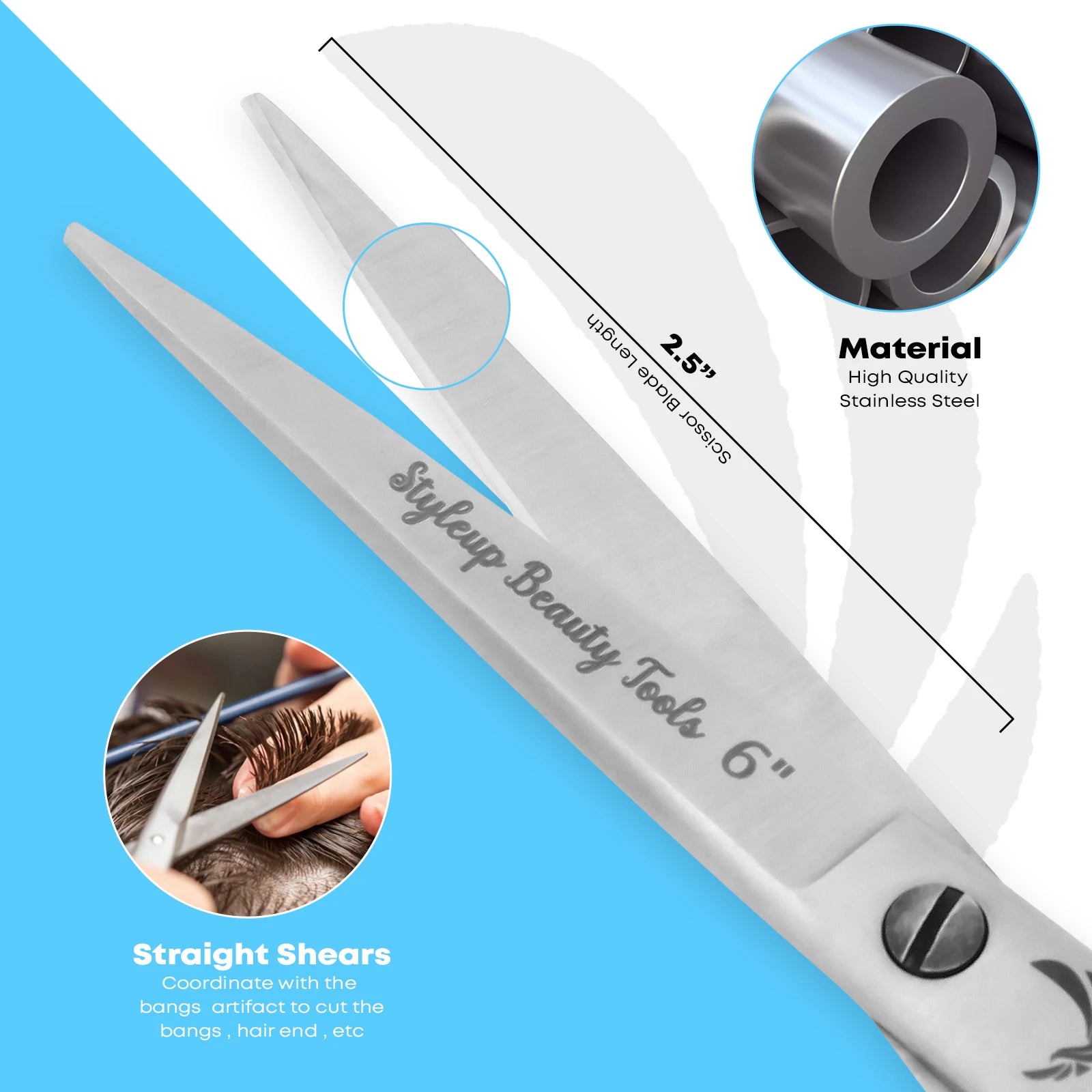 6 inch stainless steel straight hair cutting scissors with sharp 2.5 inch blades by Styleup Beauty Tools