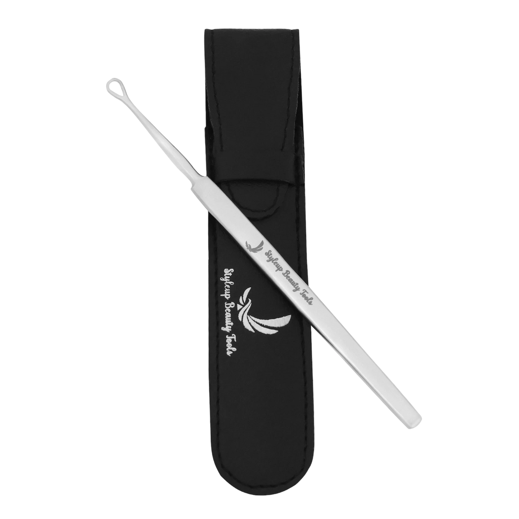 Stainless steel ear wax cleaner tool with protective leather case for safe ear cleaning by Styleup Beauty Tools
