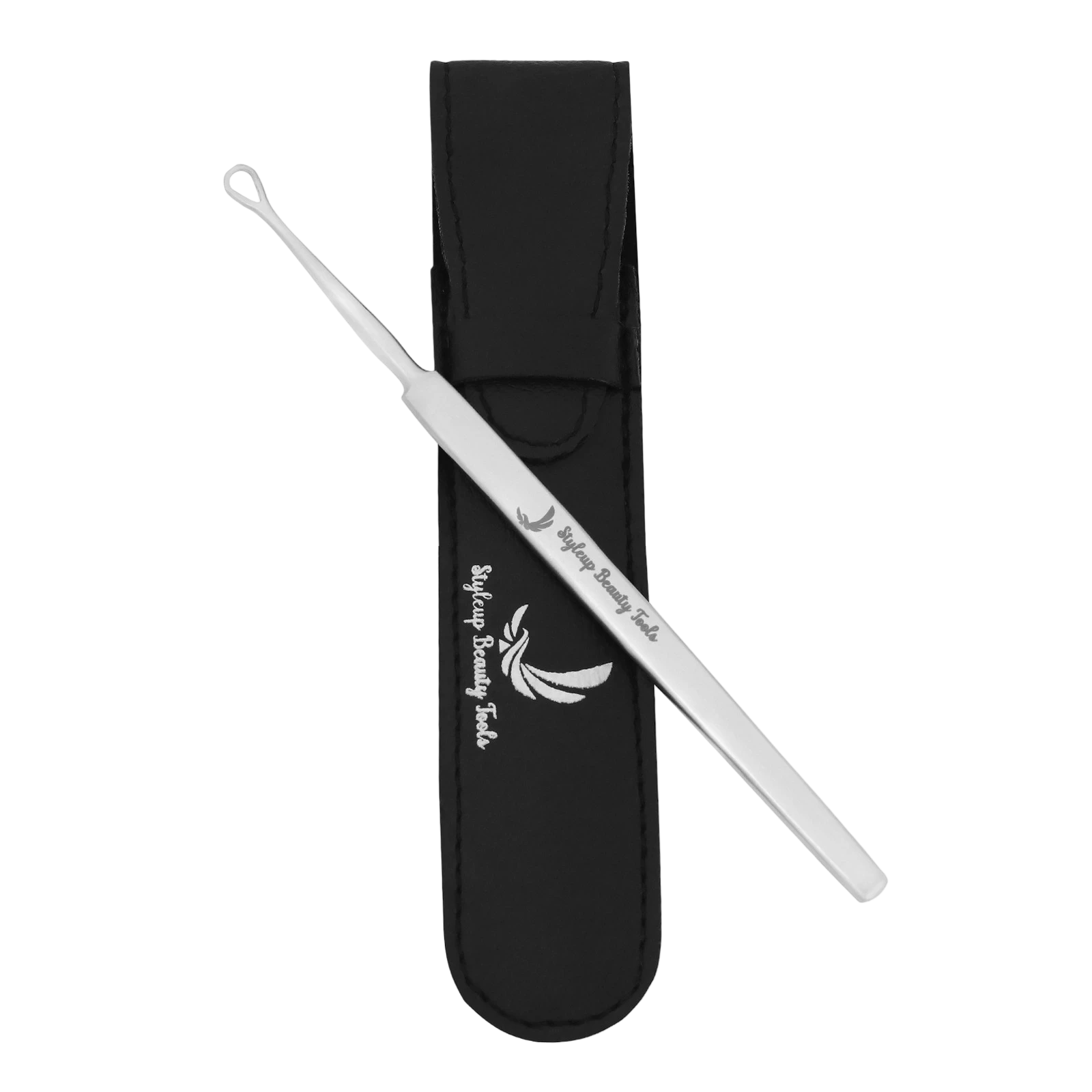 Stainless steel ear wax cleaner tool with protective leather case for safe ear cleaning by Styleup Beauty Tools