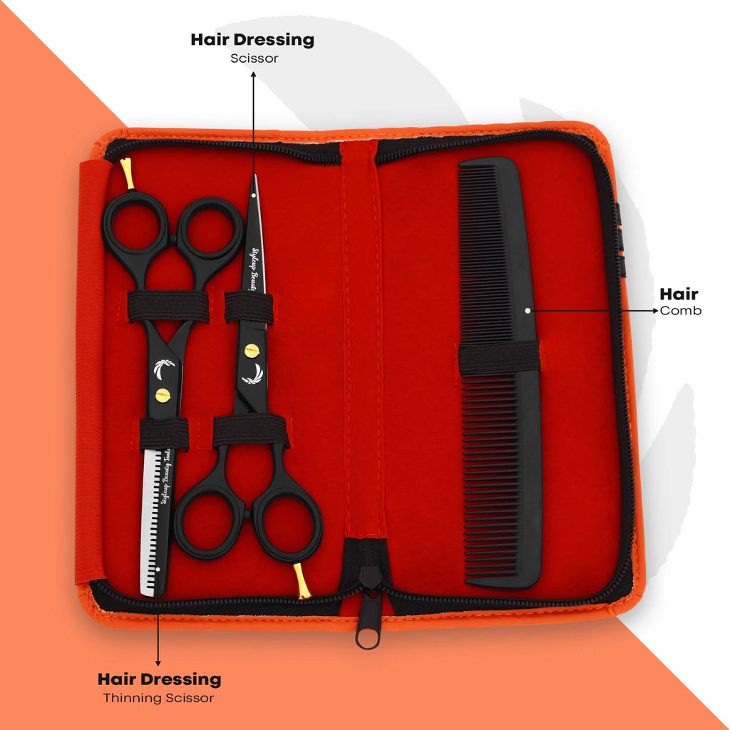 Barber hair cutting and thinning scissors kit with comb neatly placed in orange case by Styleup Beauty Tools