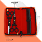 Barber hair cutting and thinning scissors kit with comb neatly placed in orange case by Styleup Beauty Tools
