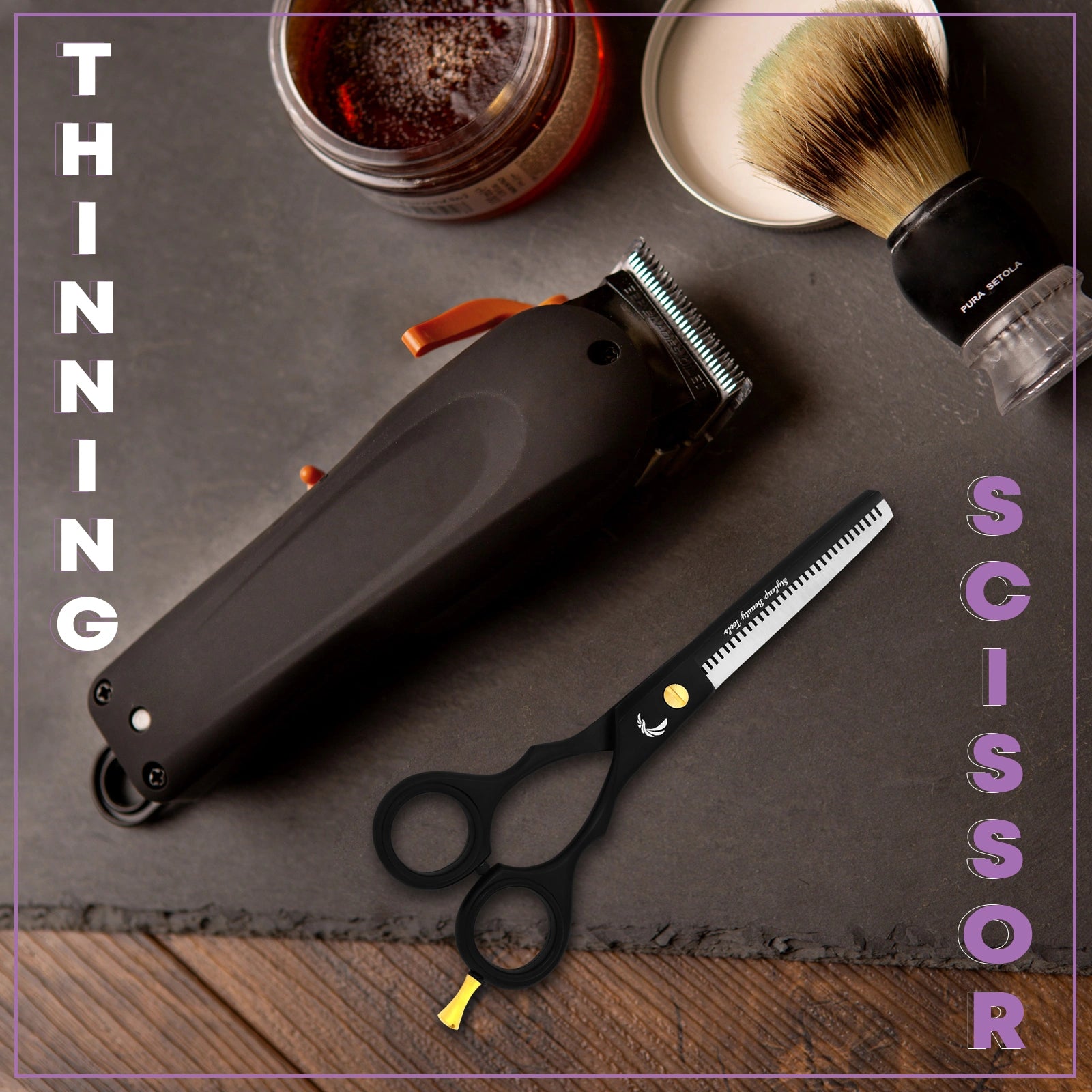 Black barber thinning scissors placed with haircut tools and accessories on table by Styleup Beauty Tools