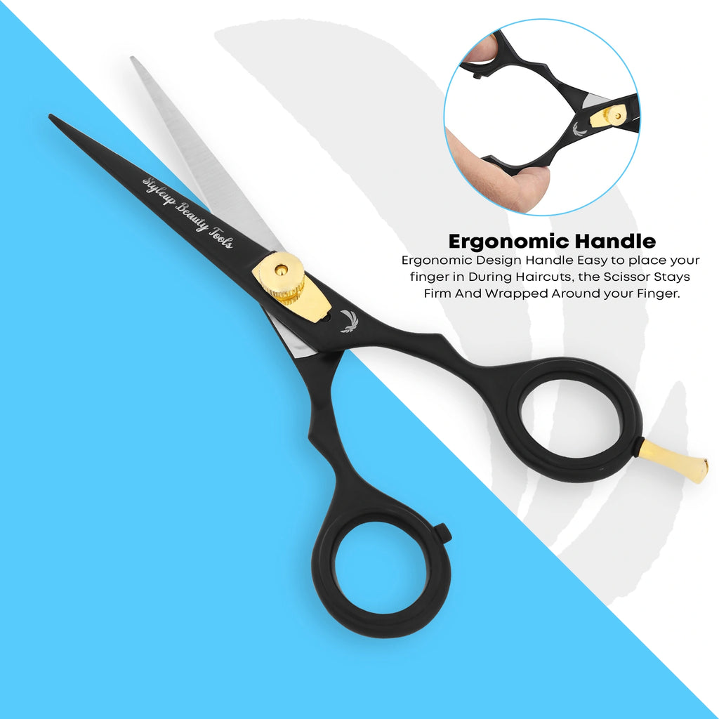 Black and gold hairdressing scissors with ergonomic handle for comfortable salon haircuts by Styleup Beauty Tools