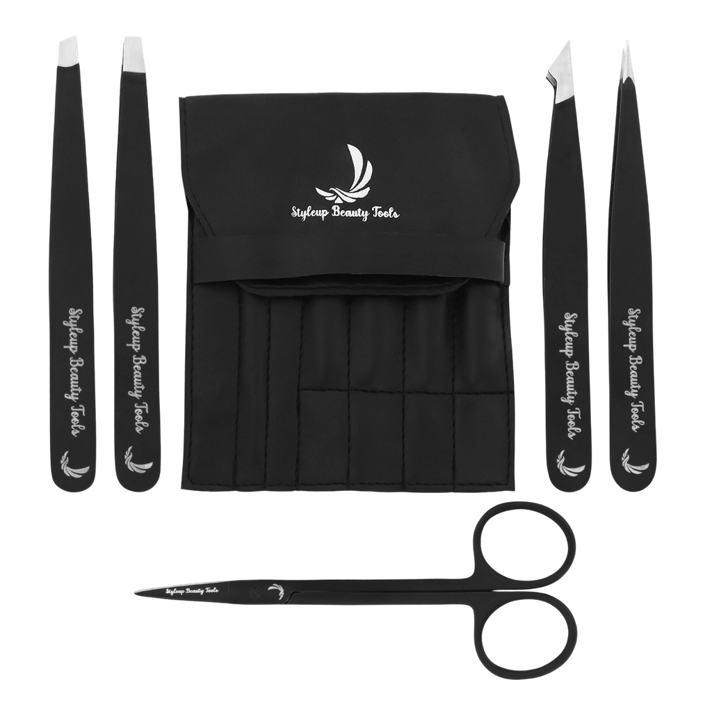 Black eyebrow grooming kit with tweezers scissors and pouch for shaping and trimming by Styleup Beauty Tools