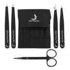 Black eyebrow grooming kit with tweezers scissors and pouch for shaping and trimming by Styleup Beauty Tools