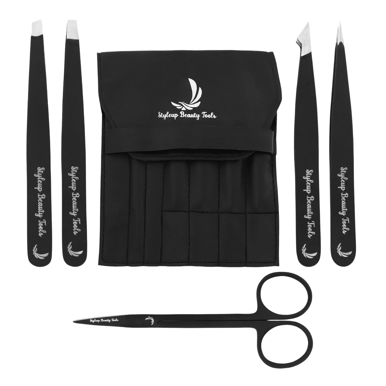 Black eyebrow grooming kit with tweezers scissors and pouch for shaping and trimming by Styleup Beauty Tools