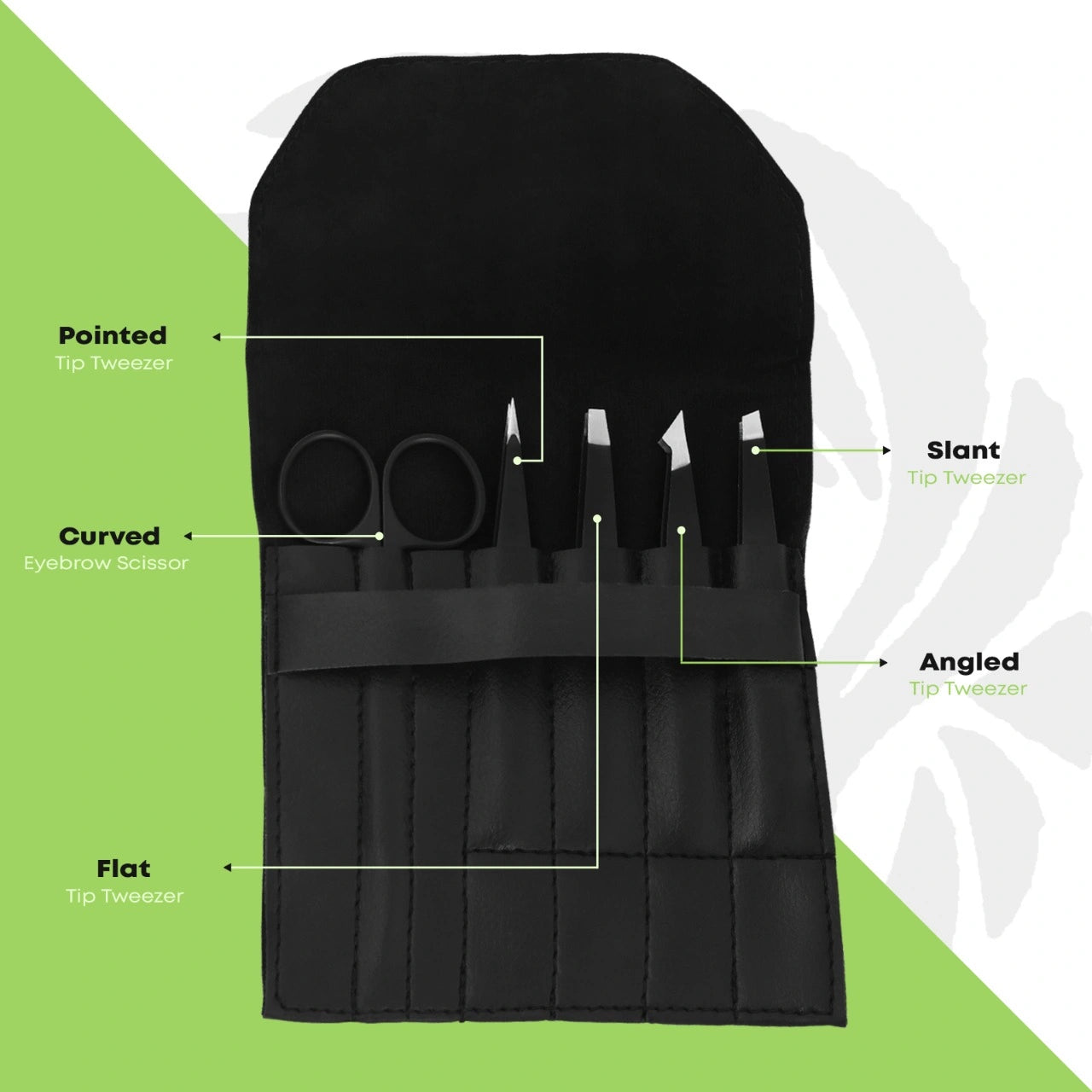 Eyebrow grooming kit showing different tweezers and curved scissors types in black pouch by Styleup Beauty Tools