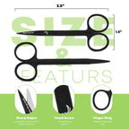 Black eyebrow scissors with sharp edges fixed screw and finger ring design for precise trimming by Styleup Beauty Tools