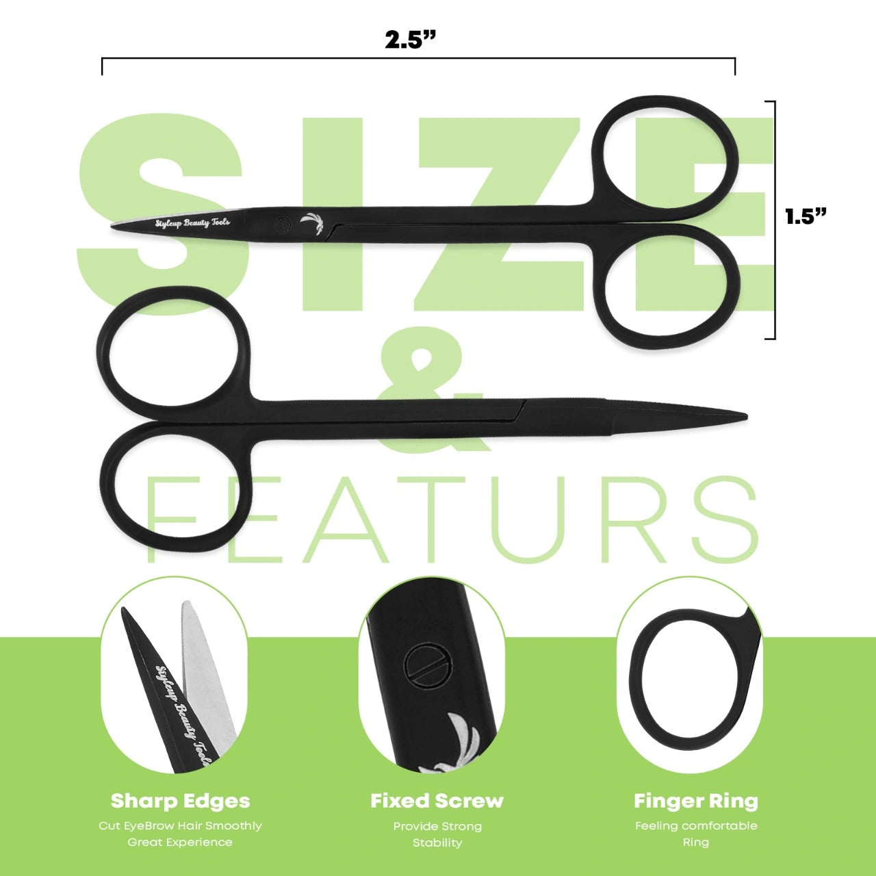 Black eyebrow scissors with sharp edges fixed screw and finger ring design for precise trimming by Styleup Beauty Tools