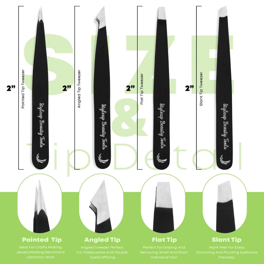 Eyebrow tweezers set showing pointed angled flat and slant tip types for precision grooming by Styleup Beauty Tools