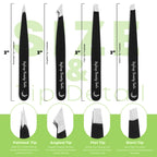 Eyebrow tweezers set showing pointed angled flat and slant tip types for precision grooming by Styleup Beauty Tools