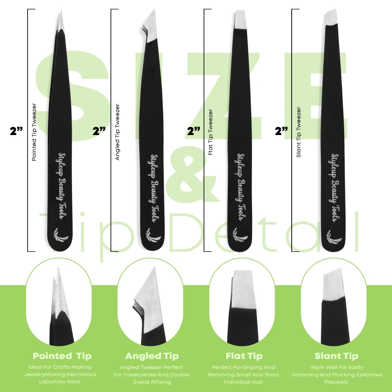 Eyebrow tweezers set showing pointed angled flat and slant tip types for precision grooming by Styleup Beauty Tools