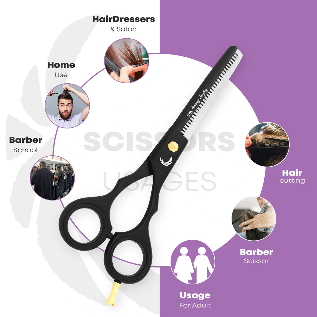 Hair thinning scissors showing usage for barbers salon and home haircuts for adults by Styleup Beauty Tools