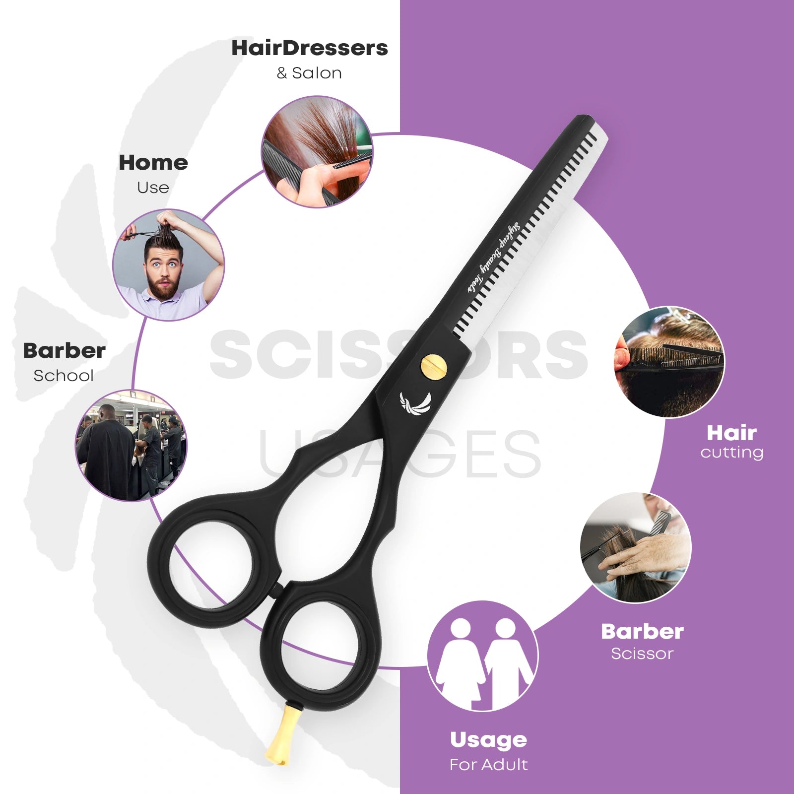 Hair thinning scissors showing usage for barbers salon and home haircuts for adults by Styleup Beauty Tools