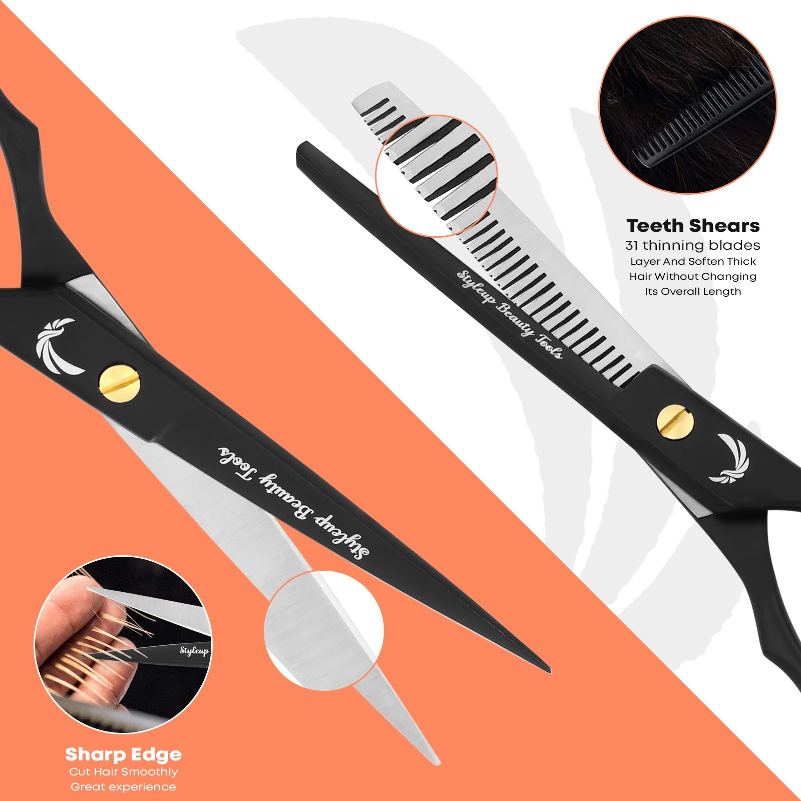 Professional hairdressing scissors showing sharp edge and 31 teeth thinning shears for smooth cutting by Styleup Beauty Tools