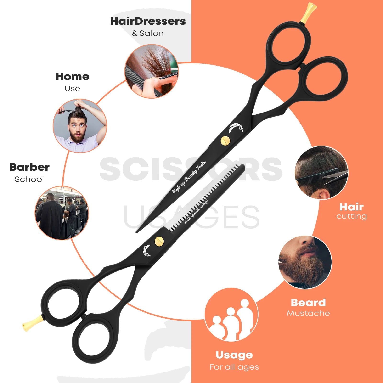 Professional hairdressing scissors showing usage for barbers salon home hair cutting and beard trimming by Styleup Beauty Tools