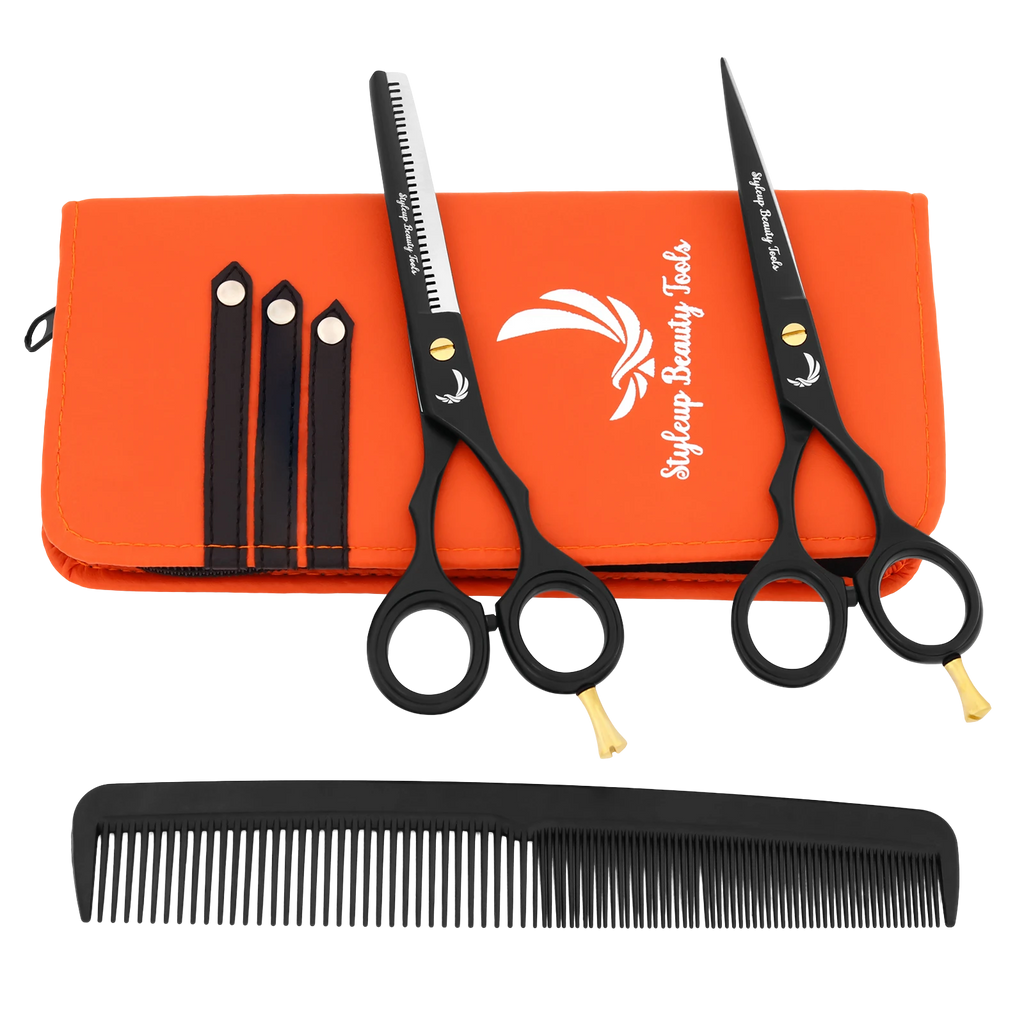 Barber hair cutting and thinning scissors kit with comb and orange pouch by Styleup Beauty Tools