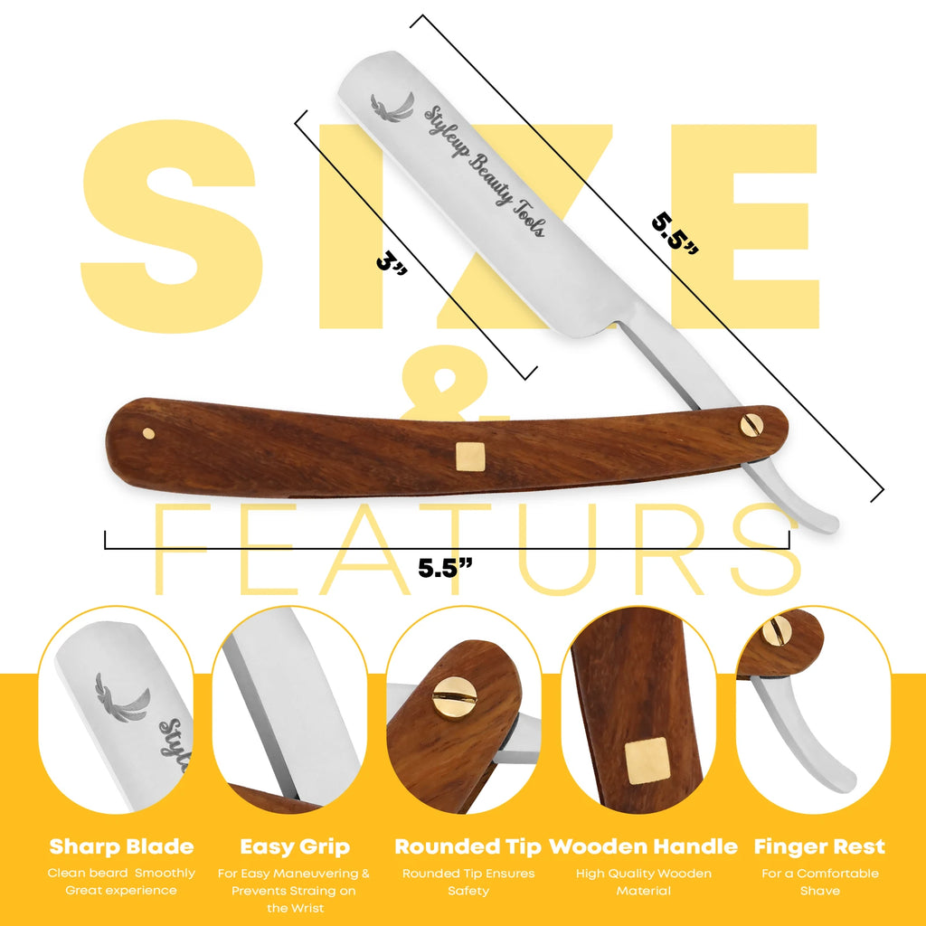 Straight razor with 3-inch stainless steel blade and 5.5-inch wooden handle featuring sharp blade, easy grip, rounded tip, and finger rest by Styleup Beauty Tools