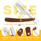 Straight razor with 3-inch stainless steel blade and 5.5-inch wooden handle featuring sharp blade, easy grip, rounded tip, and finger rest by Styleup Beauty Tools