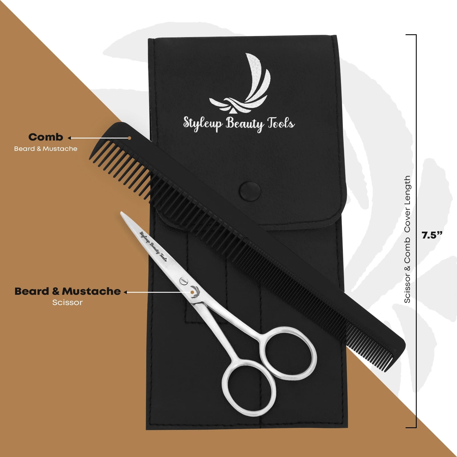 Stainless steel beard and mustache scissors with black comb and case 7.5 inch grooming set by Styleup Beauty Tools