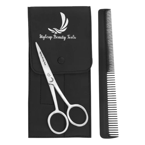 Stainless steel beard scissors with comb and case for trimming nose ear and eyebrow hair by Styleup Beauty Tools