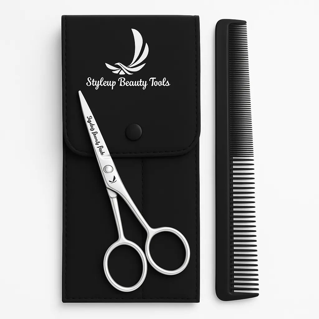 Stainless steel beard scissors with comb and case for trimming nose ear and eyebrow hair by Styleup Beauty Tools