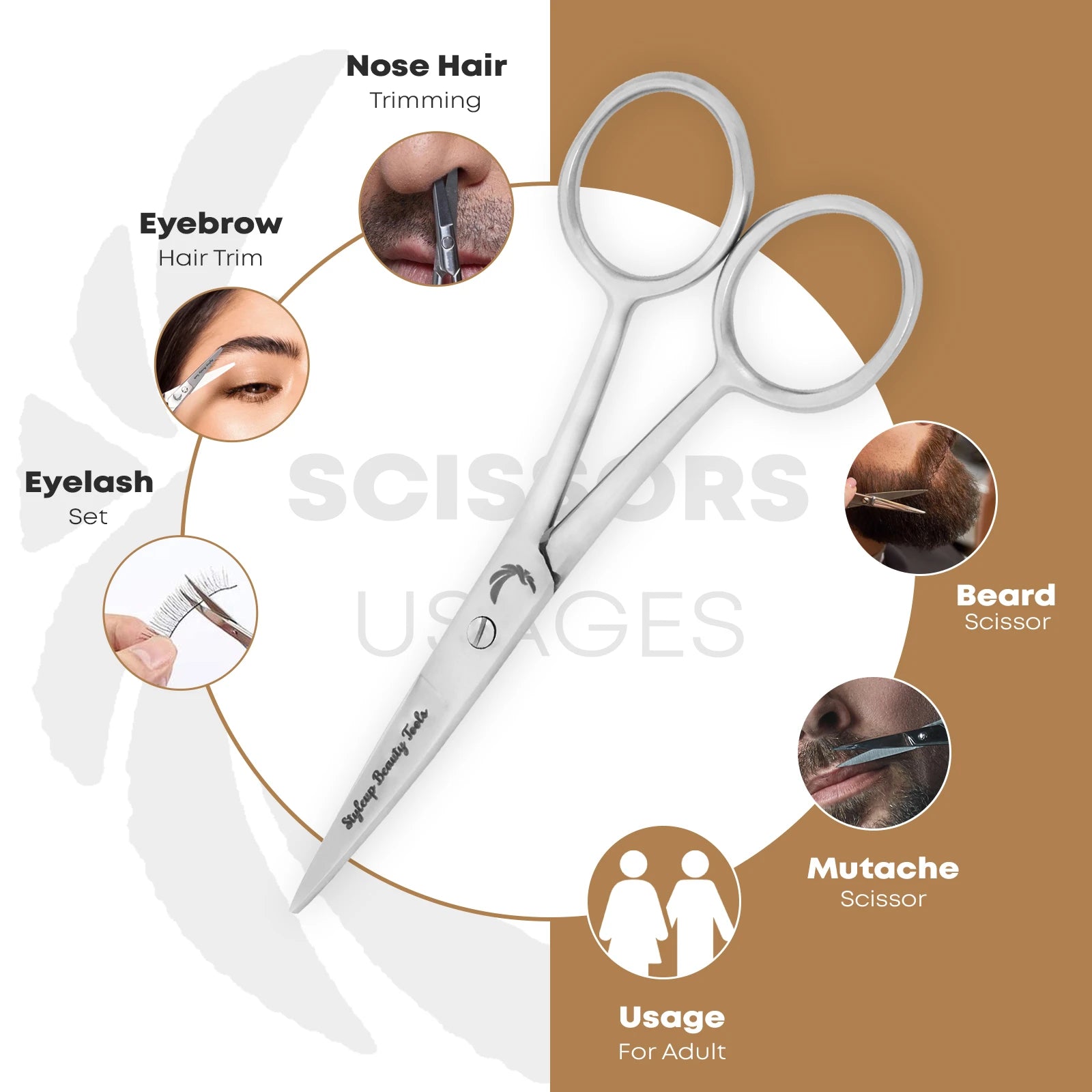 Stainless steel grooming scissors showing usage for beard mustache nose eyebrow and eyelash trimming by Styleup Beauty Tools