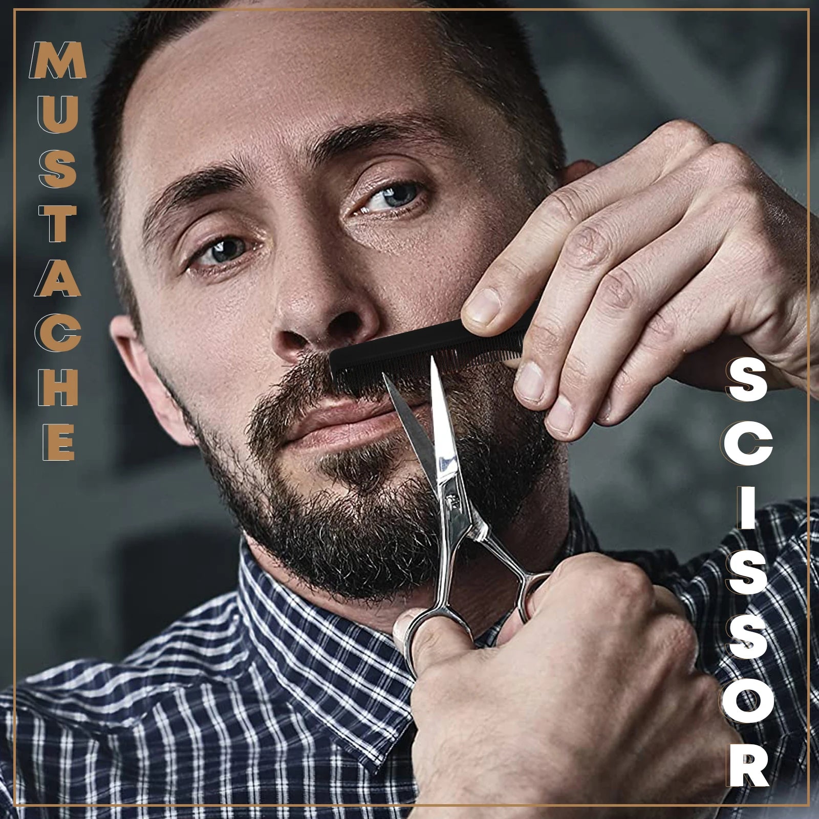 Man trimming mustache using stainless steel scissors for precise grooming by Styleup Beauty Tools