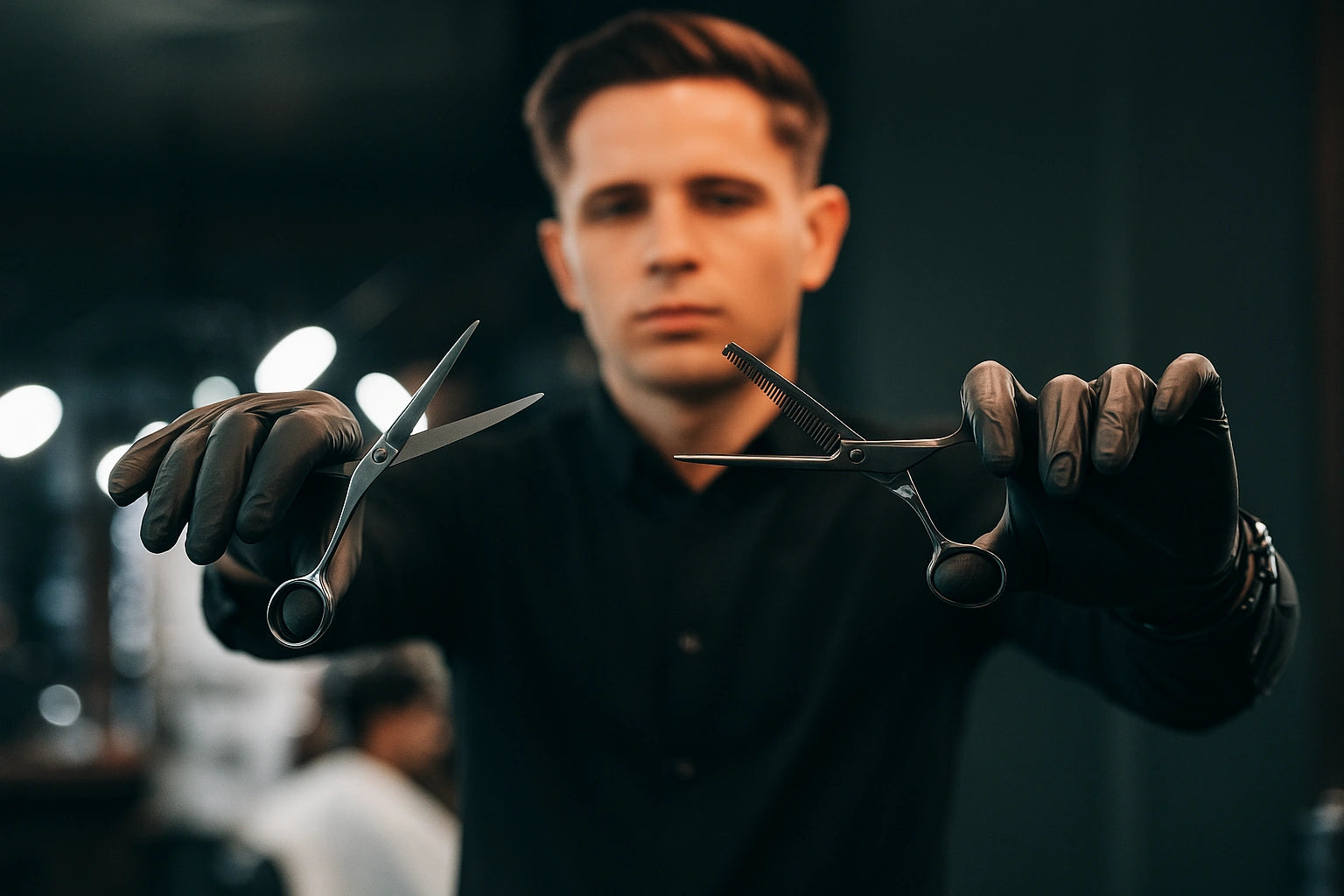 Professional barber holding hairdressing and thinning scissors in salon showcasing Styleup Beauty Tools craftsmanship