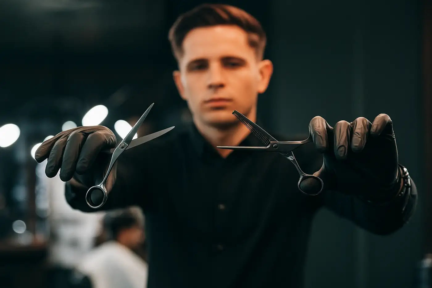 Professional barber holding hairdressing and thinning scissors in salon showcasing Styleup Beauty Tools craftsmanship