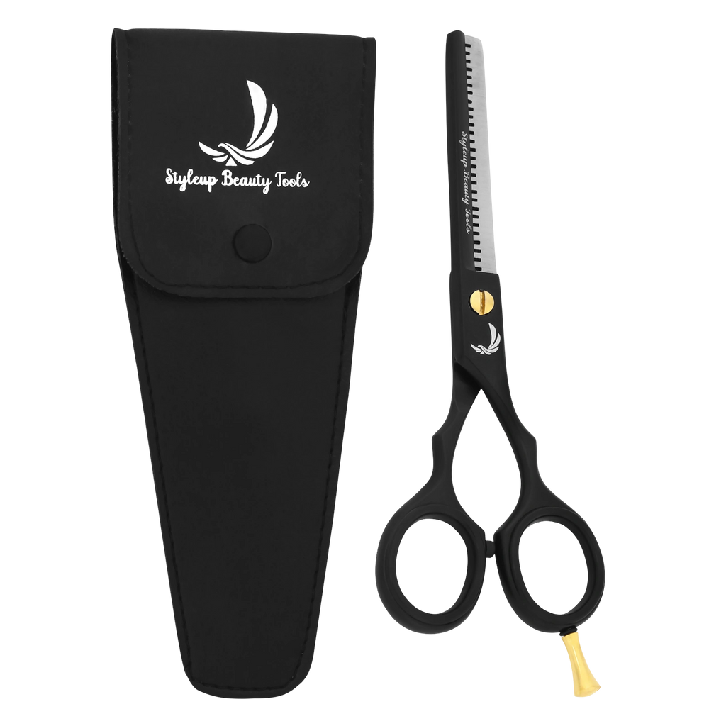 Professional black hair thinning scissors with case for barbers and stylists by Styleup Beauty Tools