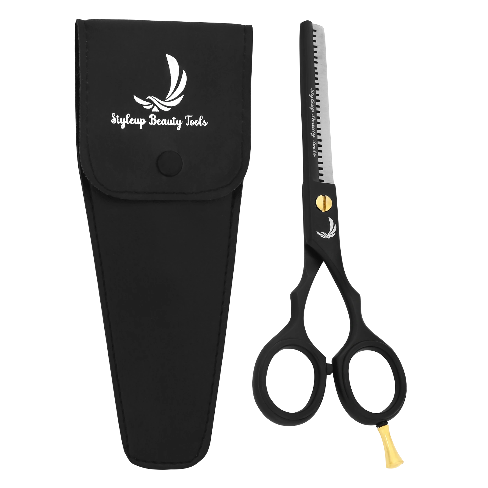 Professional black hair thinning scissors with case for barbers and stylists by Styleup Beauty Tools