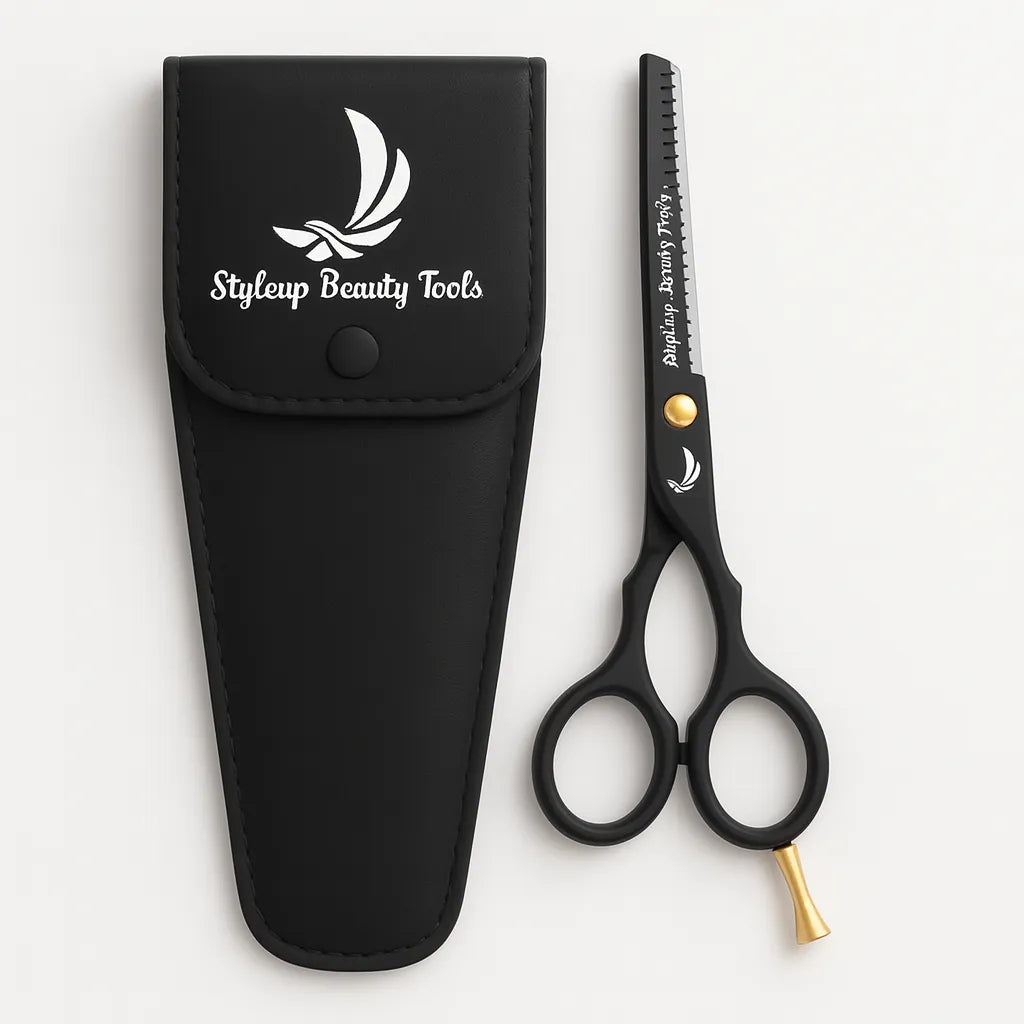 Professional black hair thinning scissors with case for barbers and stylists by Styleup Beauty Tools