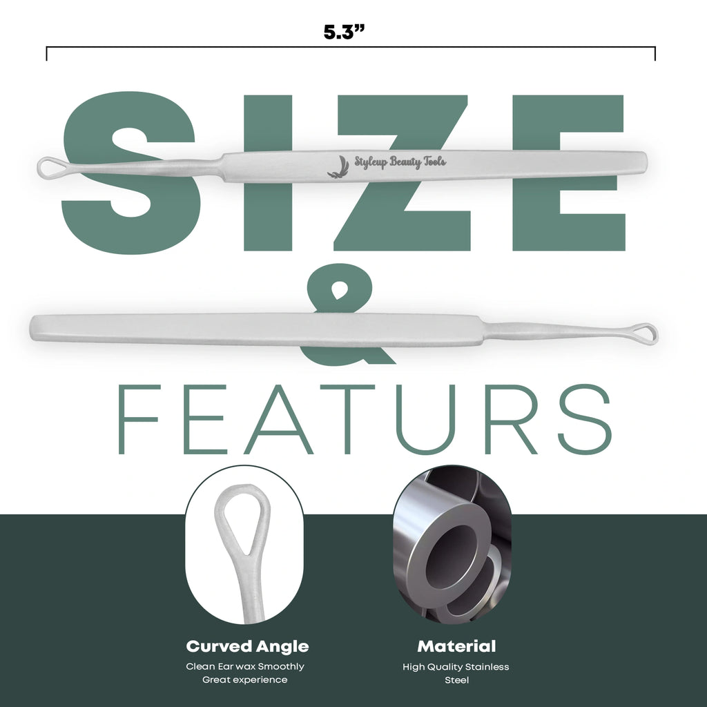 Stainless steel ear wax cleaner tool 5.3 inch length with curved tip design and high quality material by Styleup Beauty Tools