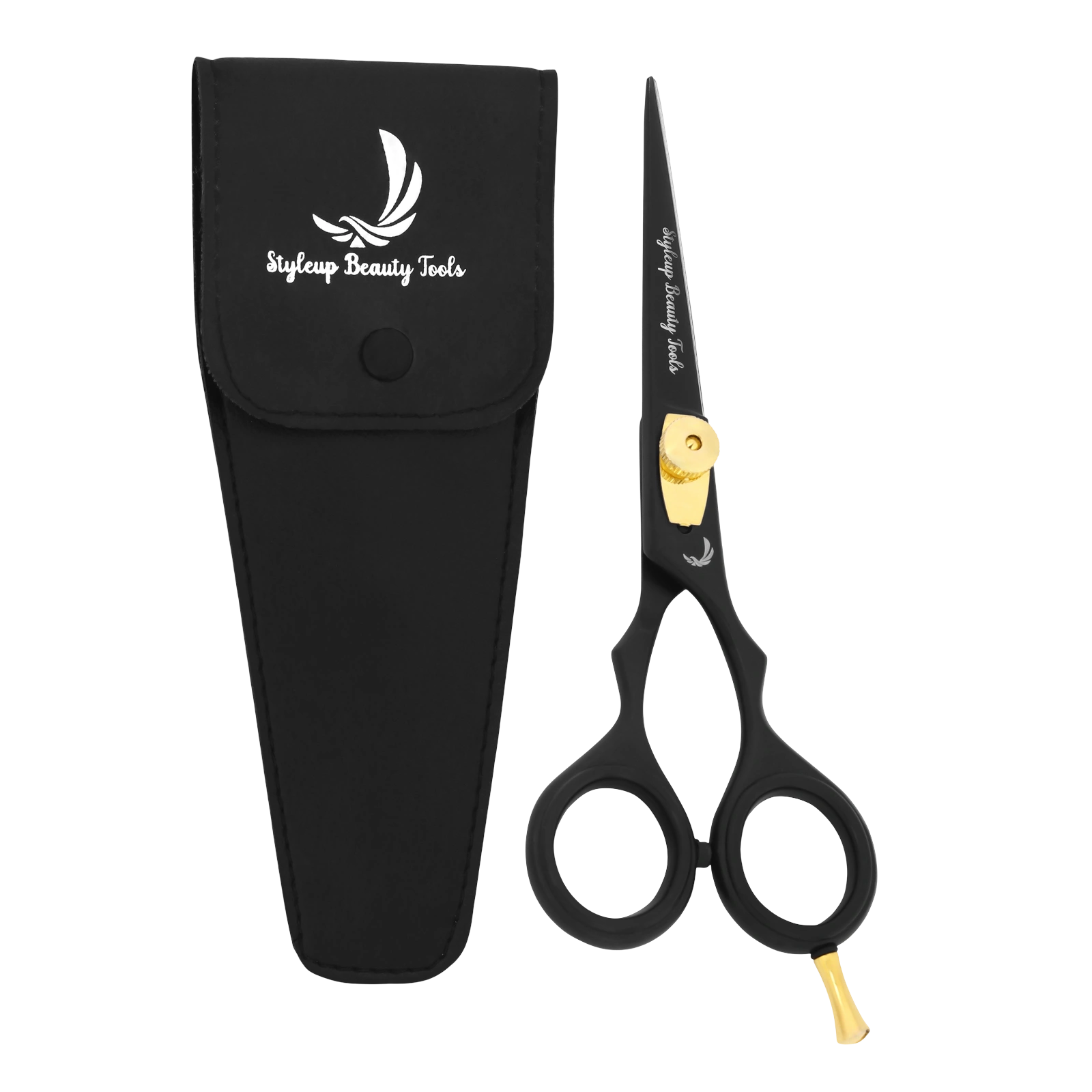 Professional black and gold hairdressing scissors with case for salon and barber use by Styleup Beauty Tools