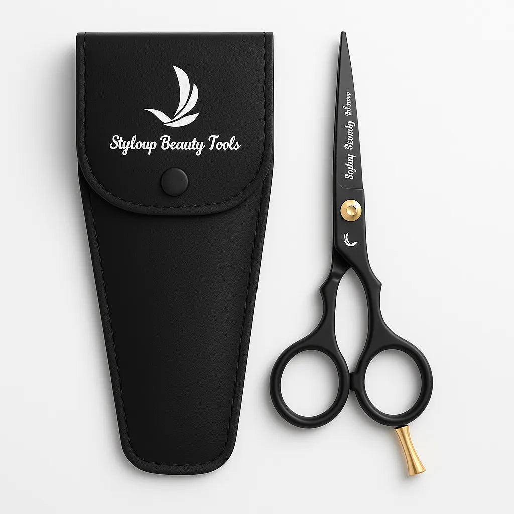Professional black and gold hairdressing scissors with case for salon and barber use by Styleup Beauty Tools