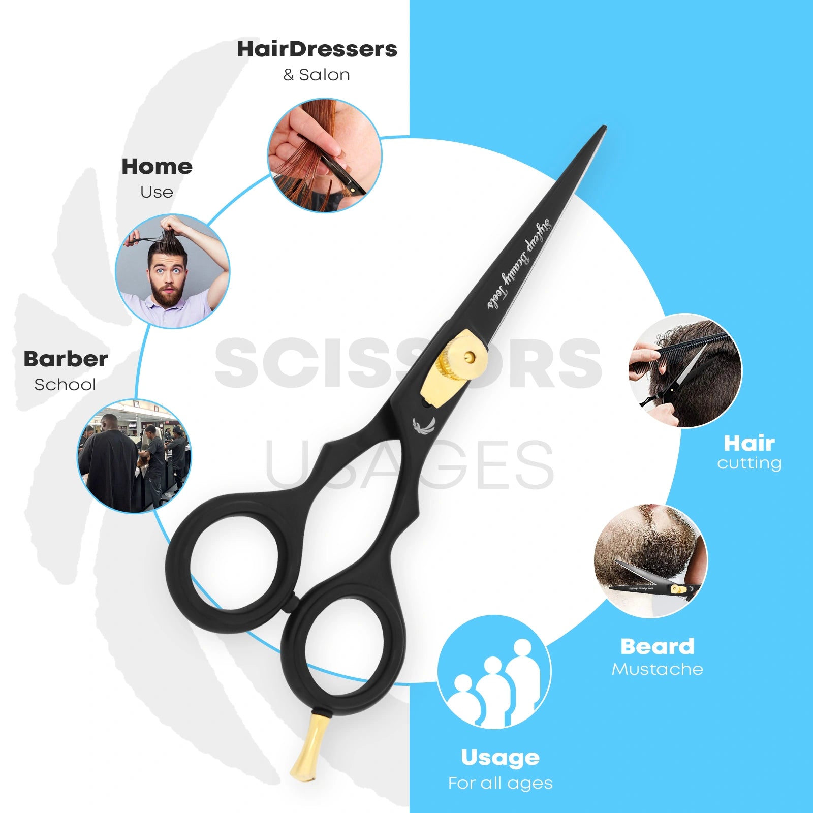 Professional black and gold hairdressing scissors for salon, barber, home, and beard trimming by Styleup Beauty Tools