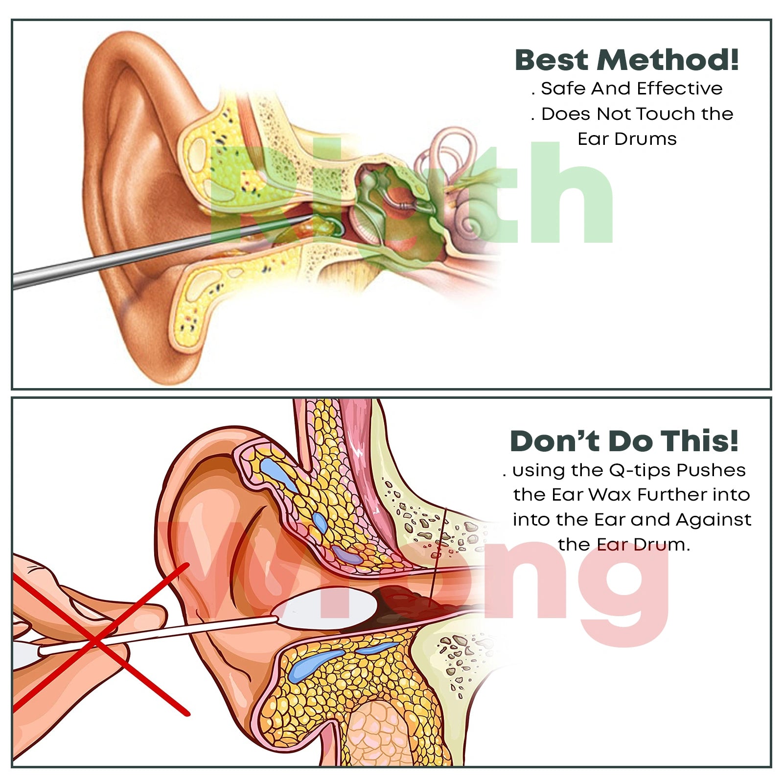 Safe ear cleaning method using stainless steel tool vs wrong Q-tip method that pushes wax deeper by Styleup Beauty Tools