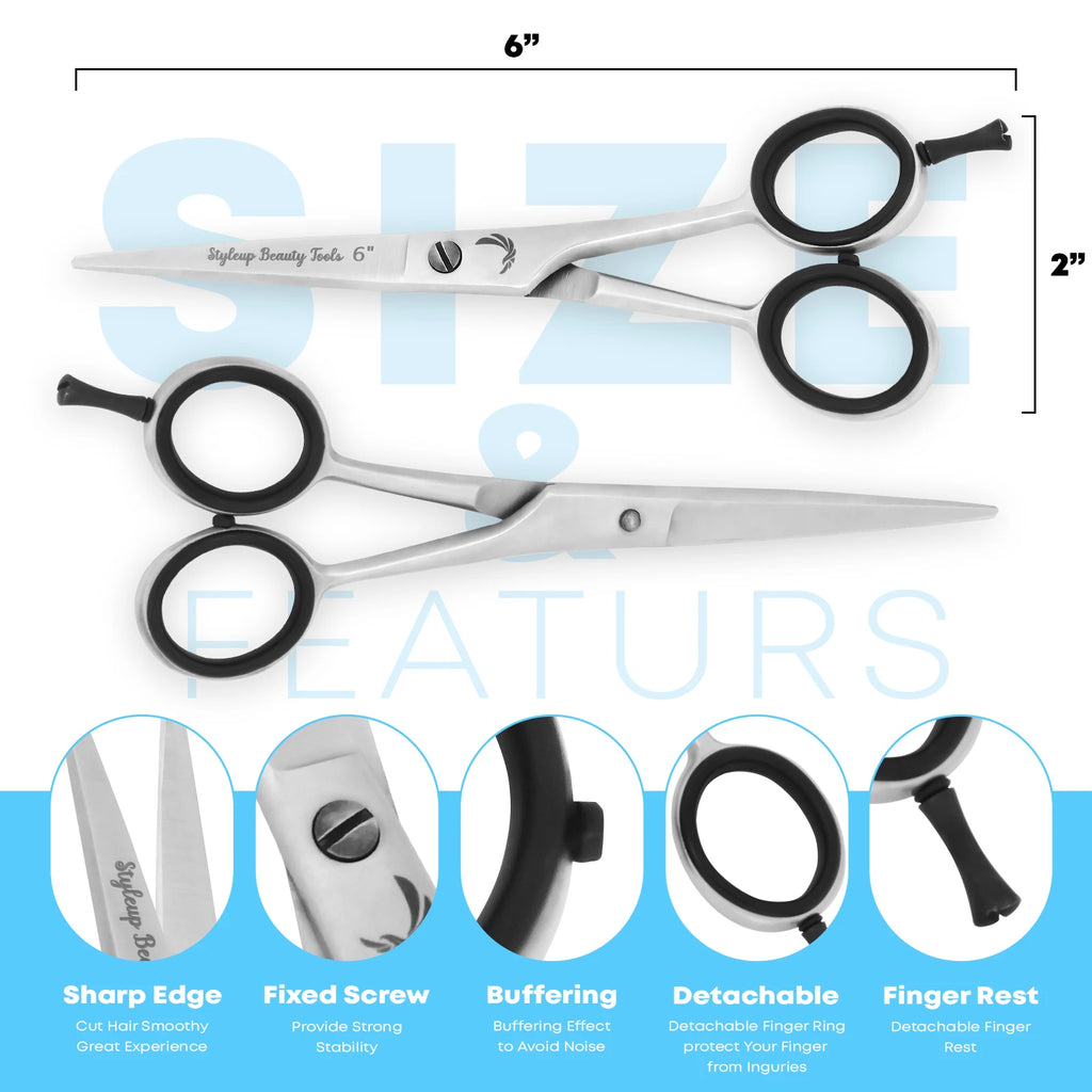 Professional 6 inch hairdressing scissors with detachable finger rest and sharp edge by Styleup Beauty Tools
