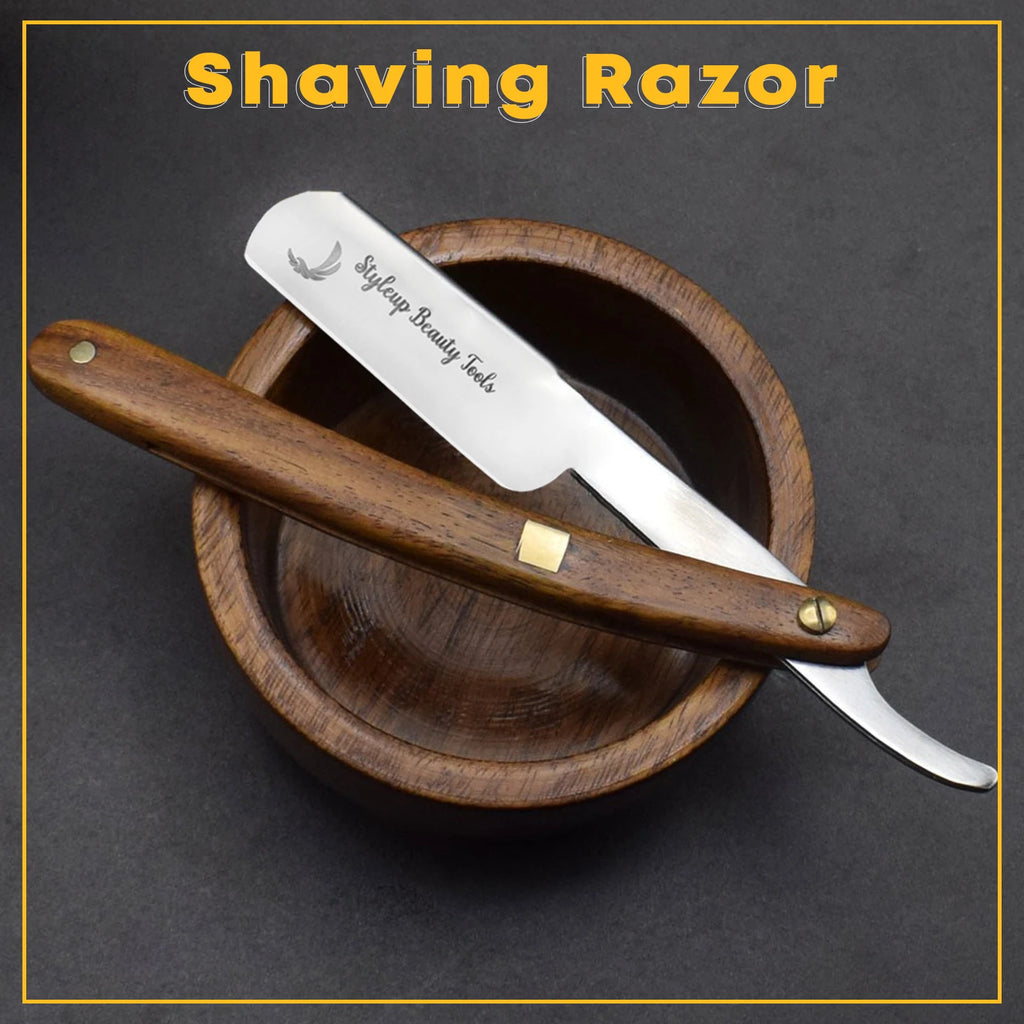 Straight shaving razor with wooden handle placed in shaving bowl by Styleup Beauty Tools