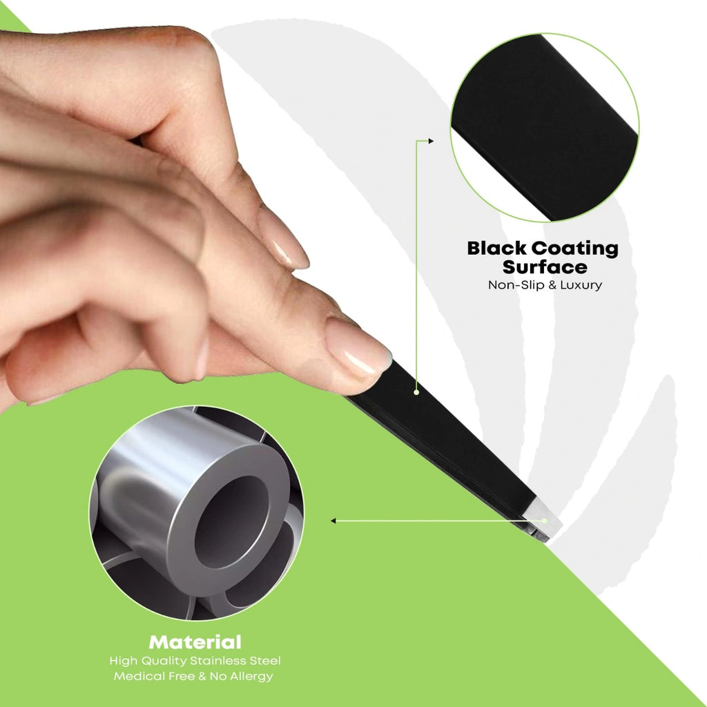 Stainless steel eyebrow tweezers with black non-slip coating for precision grip by Styleup Beauty Tools