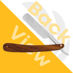 Back view of straight razor with polished wooden handle and stainless steel blade by Styleup Beauty Tools