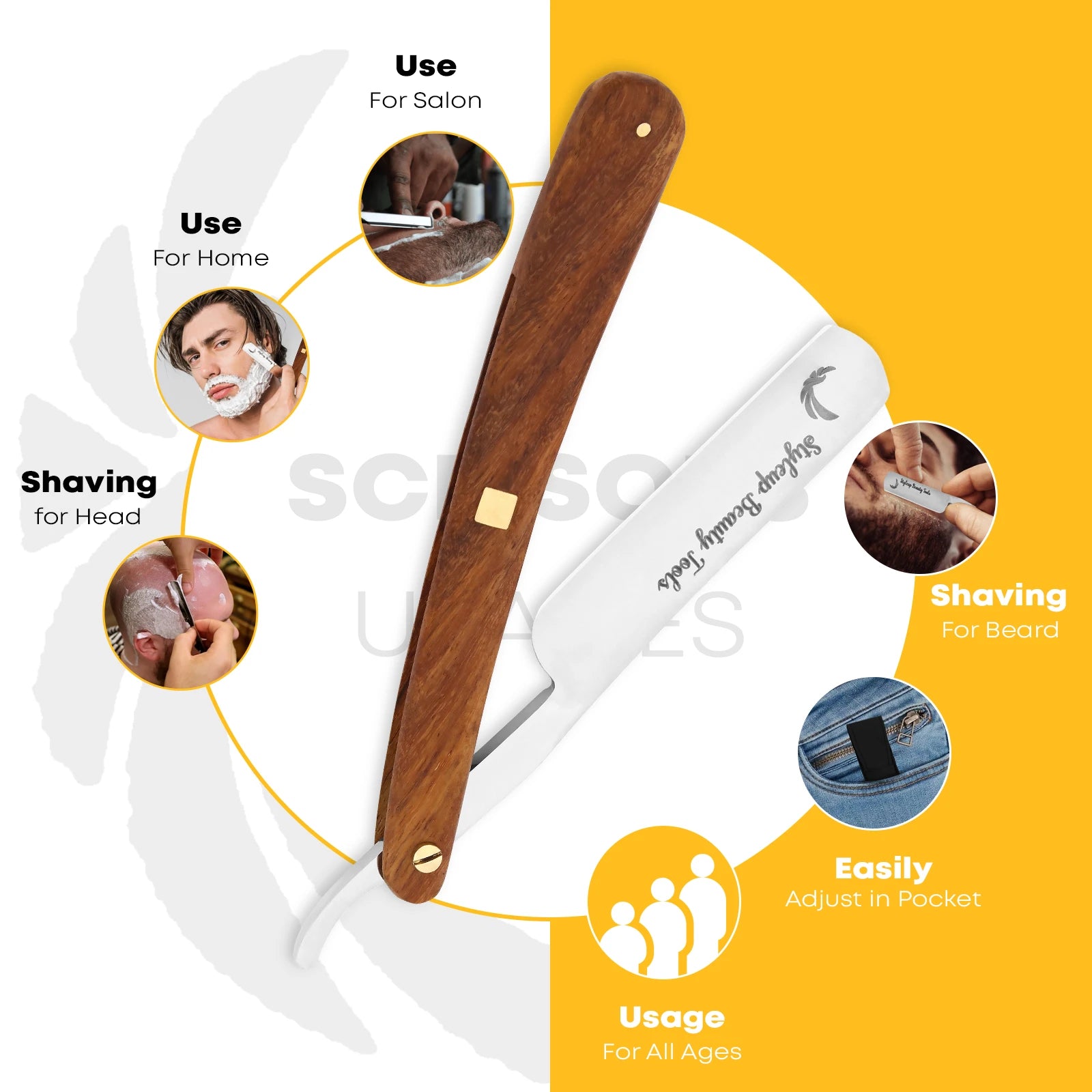 Straight razor showing multiple uses including beard shaving, head shaving, salon use, and home grooming by Styleup Beauty Tools