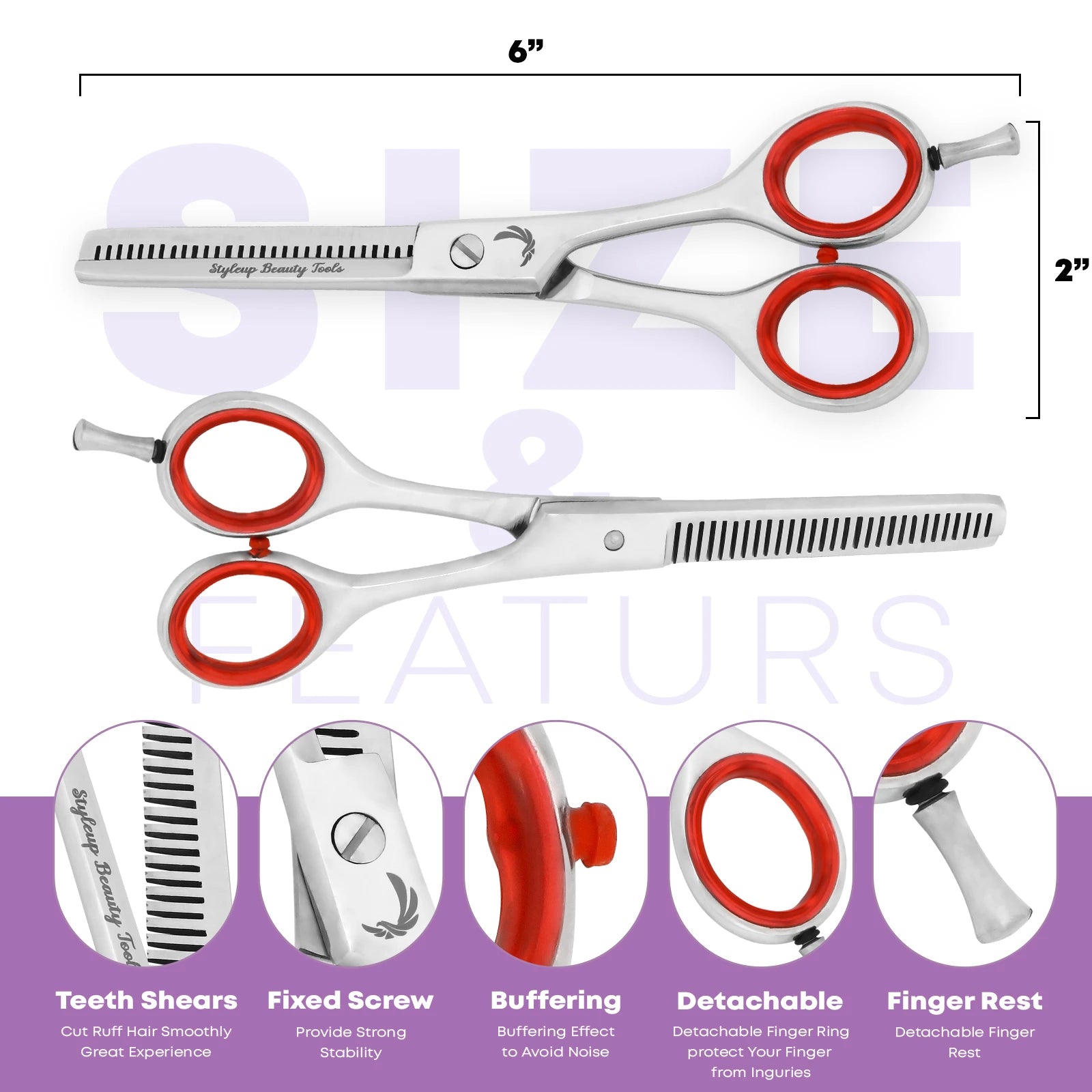 6 inch professional stainless steel hair thinning scissors showing teeth shears, fixed screw, finger rest and red handle design by Styleup Beauty Tools