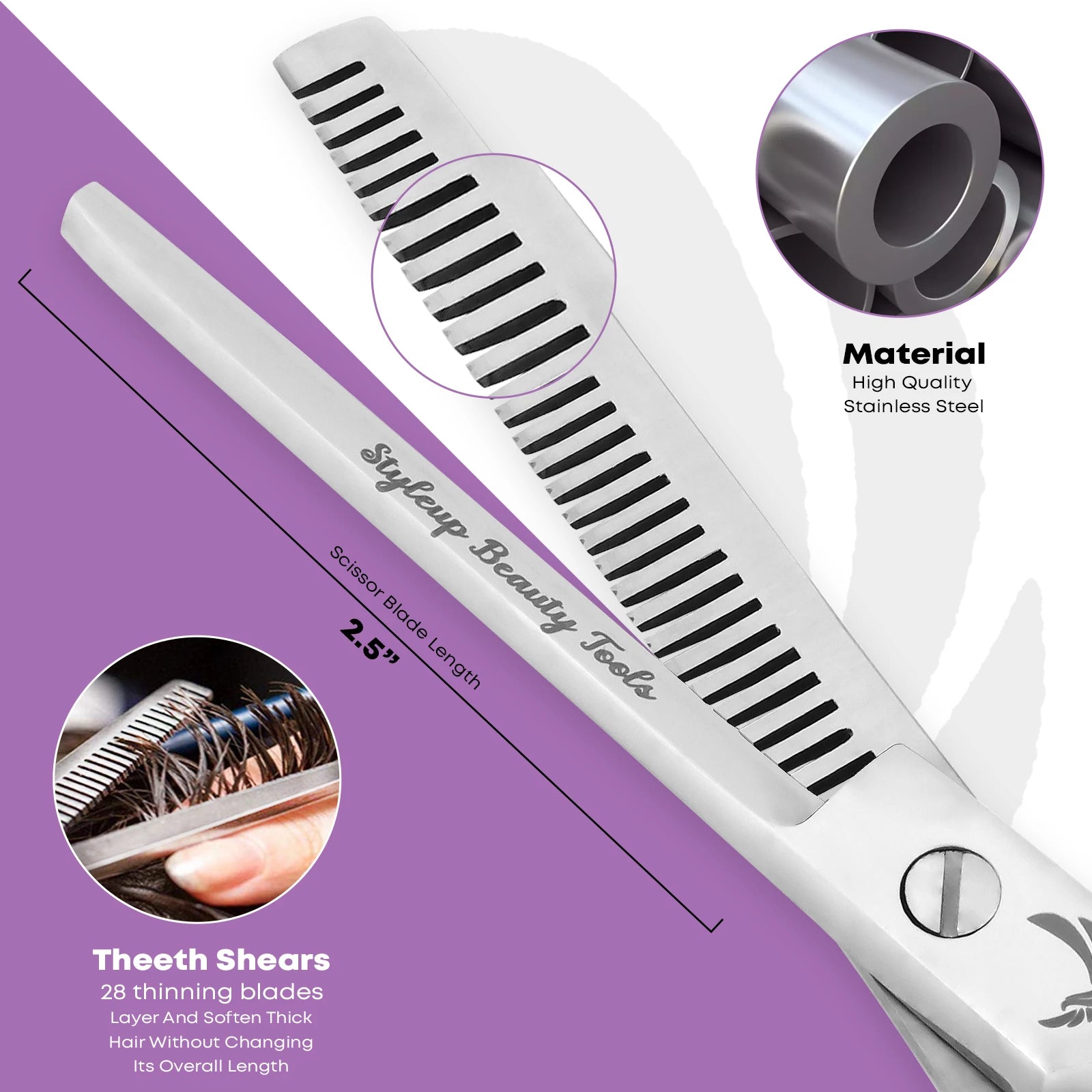 Close-up of 28 teeth stainless steel hair thinning scissors blade showing material quality and sharp edges by Styleup Beauty Tools